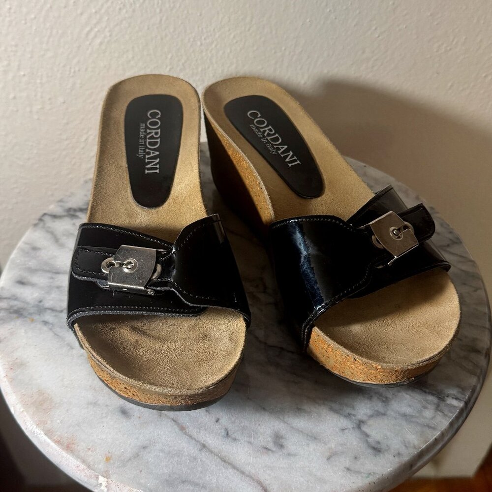 Cordani Cork Wedge Patent Leather Buckle Slides
